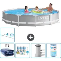 Intex Rond Prism Frame Zwembad - 366 x 76 cm - Grijs - Inclusief Solarzeil - Onderhoudspakket - Zwembadfilterpomp - Filter - Schoonmaakset