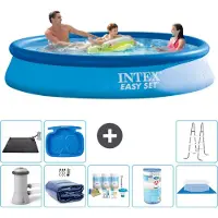 Intex Rond Opblaasbaar Easy Set Zwembad - 366 x 76 cm - Blauw - Inclusief Pomp Solarzeil - Onderhoudspakket - Filter - Grondzeil - Solar Mat - Ladder - Voetenbad