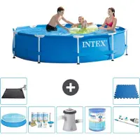Intex Rond Frame Zwembad - 305 x 76 cm - Blauw - Inclusief Solarzeil - Onderhoudspakket - Zwembadfilterpomp - Filter - Stofzuiger - Solar Mat - Vloertegels