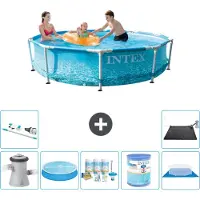 Intex Rond Frame Zwembad - 305 x 76 cm - Waterprint - Inclusief Pomp Solarzeil - Onderhoudspakket - Filter - Grondzeil - Stofzuiger - Solar Mat
