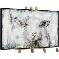 YS Canvas schilderij landschapsformaat handgeschilderd gelukkig schaap dier – -Art Gallery – Charmante wanddecoratie voor woonkamer – Vrolijk schilderij voor kinderkamer en hal