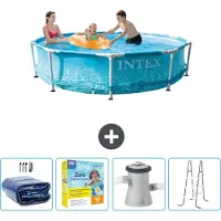 Intex Rond Frame Zwembad - 305 x 76 cm - Waterprint - Inclusief Solarzeil - Onderhoudspakket - Zwembadfilterpomp - Ladder