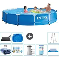 Intex Rond Frame Zwembad - 366 x 76 cm - Blauw - Inclusief Solarzeil - Onderhoudspakket - Zwembadfilterpomp - Filter - Grondzeil - Solar Mat - Ladder - Voetenbad