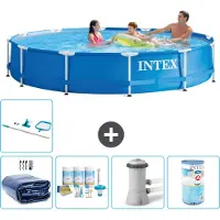 Intex Rond Frame Zwembad - 366 x 76 cm - Blauw - Inclusief Solarzeil - Onderhoudspakket - Zwembadfilterpomp - Filter - Schoonmaakset - 6-delig