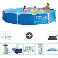 Intex Rond Frame Zwembad - 366 x 76 cm - Blauw - Inclusief Pomp Solarzeil - Onderhoudspakket - Filter - Grondzeil - Schoonmaakset - Solar Mat