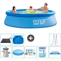 Intex Rond Opblaasbaar Easy Set Zwembad - 305 x 76 cm - Blauw - Inclusief Pomp - Solarzeil - Onderhoudspakket - Filter - Grondzeil - Solar Mat - Ladder - Voetenbad - 9-delig