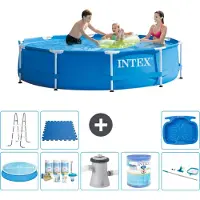 Intex Rond Frame Zwembad - 305 x 76 cm - Blauw - Inclusief Solarzeil - Onderhoudspakket - Zwembadfilterpomp - Filter - Schoonmaakset - Ladder - Voetenbad - Vloertegels