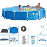 Intex Rond Frame Zwembad - 366 x 76 cm - Blauw - Inclusief Afdekzeil - Onderhoudspakket - Zwembadfilterpomp - Filter - Grondzeil - Solar Mat - Ladder - Voetenbad