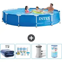Intex Rond Frame Zwembad - 366 x 76 cm - Blauw - Inclusief Solarzeil - Onderhoudspakket - Zwembadfilterpomp - Filter