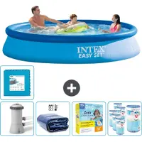Intex Rond Opblaasbaar Easy Set Zwembad - 366 x 76 cm - Blauw - Inclusief Pomp Solarzeil - Onderhoudspakket - Filters - Vloertegels