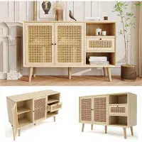Youjia Dressoir, commode met 1 lade en 2 deuren met magnetische sluiting, gevlochten rieten details op de deurfronten, poten van massief hout, zwarte metalen handgrepen
