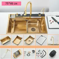StarTech.com Keukenspoelset - Dubbele spoelbak - 304 roestvrij staal - Inbouwmontage - Kranen met digitale display - Zeepdispenser en glazenwasser - Geborsteld goud