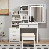 MODFU - Kaptafel - Spiegel Met Verlichting En Opbergruimte - Retro - MDF - Wit