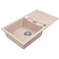 VBChome granieten spoelbak, 76 x 44 cm, beige, enkele kom, inbouwspoelbak, omkeerbaar, gespikkeld. Onderhoudsvriendelijke spoelbak met sifon. Ideaal voor kleine keukens