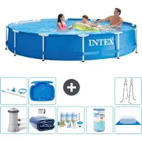 Intex Rond Frame Zwembad - 366 x 76 cm - Blauw - Inclusief Pomp Solarzeil - Onderhoudspakket - Filter - Grondzeil - Schoonmaakset - Ladder - Voetenbad