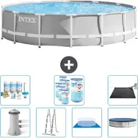 Intex Ronde Zwembad met Prismaframe – 427 x 107 cm – Grijs – Inclusief pomp – Ladder – Bodemzeil – Afdekking – Onderhoudspakket – Filter – Zonnepaneel