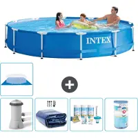 Intex Rond Frame Zwembad - 366 x 76 cm - Blauw - Inclusief Pomp Solarzeil - Onderhoudspakket - Filter - Grondzeil - Solar Mat