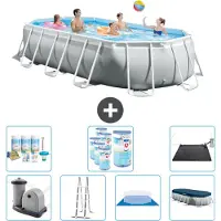 Intex Ovaal Prism Frame Zwembad – 503 x 274 x 122 cm – Grijs – Inclusief pomp, ladder, bodemzeil, afdekking, onderhoudspakket, filter en zonnepaneel