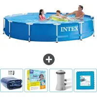Intex Rond Frame Zwembad - 366 x 76 cm - Blauw - Inclusief Solarzeil - Onderhoudspakket - Zwembadfilterpomp - Vloertegels