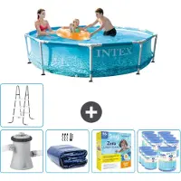 Intex Rond Frame Zwembad - 305 x 76 cm - Waterprint - Inclusief Pomp Solarzeil - Onderhoudspakket - Filters - Ladder