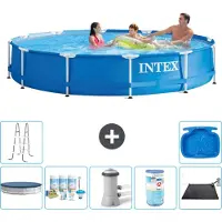 Intex Rond Frame Zwembad - 366 x 76 cm - Blauw - Inclusief Afdekzeil - Onderhoudspakket - Zwembadfilterpomp - Filter - Solar Mat - Ladder - Voetenbad