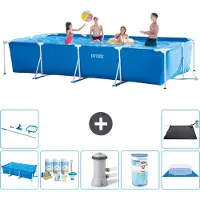 Intex Rechthoekig Frame Zwembad - 450 x 220 x 84 cm - Blauw - Inclusief Solarzeil - Onderhoudspakket - Zwembadfilterpomp - Filter - Grondzeil - Schoonmaakset - Solar Mat