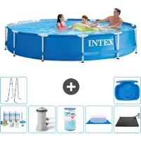 Intex Rond Frame Zwembad - 366 x 76 cm - Blauw - Inclusief Onderhoudspakket - Zwembadfilterpomp - Filter - Grondzeil - Solar Mat - Ladder - Voetenbad