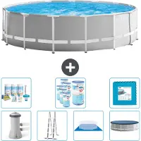 Intex Ronde Zwembad met Prismaframe – 457 x 122 cm – Grijs – Inclusief pomp – Ladder – Bodemzeil – Afdekking – Onderhoudspakket – Filter – Bodemtegels