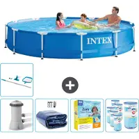 Intex Rond Frame Zwembad - 366 x 76 cm - Blauw - Inclusief Pomp Solarzeil - Onderhoudspakket - Filters - Schoonmaakset