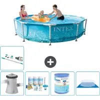 Intex Rond Frame Zwembad - 305 x 76 cm - Waterprint - Inclusief Pomp Onderhoudspakket - Filter - Grondzeil - Stofzuiger - Solar Mat