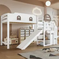 Sweiko etagesbed, kinderbed met raam, met kinderhelling, trap met leuning, met 2 afsluitbare vakken in de trap, veelzijdig design, ruime opbergruimte, grenen + MDF, wit + bruin, 90x200 cm