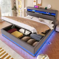 STILVORA Gestoffeerd Bed 180x200 cm – LED & USB-C Oplaadfunctie – Hydraulische Opbergruimte – Zonder Matras – Linnen – Grijs
