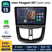 Hexinex HexinexMarket - 9" autoradio Geschikt voor Peugeot 207 (2006 -2015) - Draadloos CarPlay, Android Auto, Android 15, multimediaspeler - 2GB+64GB