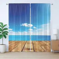 Abakuhaus Nautisch rustiek gordijn, zeegezicht bewolkt strand, slaapkamergordijn met plooien, lussen en haken, 280 x 225 cm, bruin wit blauw