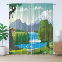 Abakuhaus Reisgordijn in rustieke stijl, cartoonstijl met waterval, met lussen en haken voor de slaapkamer, 280 x 175 cm, blauwgroen wit