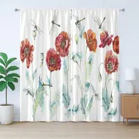 Abakuhaus Rustiek Gordijn met Bloemen en Insecten, Waterverf Klaprozen, met Lusjes en Haken voor de Slaapkamer, 280 x 225 cm, Wit Groen Rood