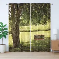 Abakuhaus Natuurlijk rustiek gordijn, houten bank in het park, slaapkamergordijn met plooien, lussen en haken, 280 x 245 cm, groenbruin