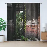 Abakuhaus Industriële rustieke gordijnen, bakstenen en planten, met lussen en haken voor de woonkamer, 280 x 260 cm, zalmgrijsgroen