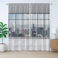 Abakuhaus Stadsgordijn, rustiek, groot raam, stadsdisplay, met lussen en haken voor de woonkamer, 280 x 175 cm, grijs wit