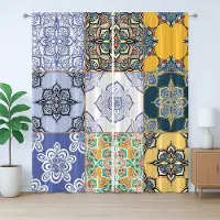 Abakuhaus Kleurrijk rustiek gordijn, boho Portugese tegels, met lussen en haken voor de woonkamer, 280 x 245 cm, geel, blauw, wit