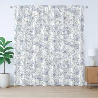 Abakuhaus Rustiek gordijn met bloemenmotief, bloeiende asters en madeliefjes, met lussen en haken , 280 x 245 cm, donkerblauwgroen en kokoskleur