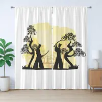 Abakuhaus Samurai rustiek gordijn, oosters design, slaapkamergordijn met plooien, lussen en haken, 280 x 225 cm, zwart en lichtgeel
