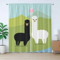 Abakuhaus Lama Rustiek Gordijn, Verliefde Dieren op een Heuvel, met Bandjes, Lussen en Haken voor de Woonkamer, 280 x 225 cm, Lichtgroenblauw