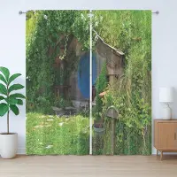 Abakuhaus Rustiek Hobbit Gordijn, Fantasie Hobbit Landhuis, met Bandjes, Lussen en Haken voor de Woonkamer, 280 x 245 cm, Groen Bruin Blauw