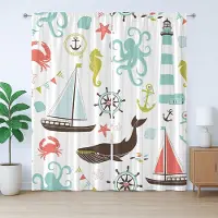 Abakuhaus Nautisch rustiek gordijn, pastelkleurige maritieme elementen, Gordijn met plooien, lussen en haken, 280 x 225 cm, zeegroen koraalrood