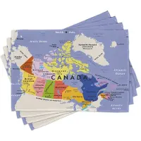 Abakuhaus Canada-placematten, gedetailleerde kaart van de omgeving van de Verenigde Staten, tafeldecoratie van kleurvast stof voor eetkamer en keuken, hemelsblauw en multicolor