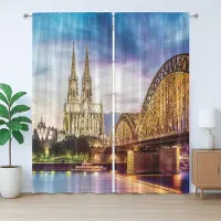 Abakuhaus Europees rustiek gordijn, Oude Brug en Rijn, met lussen en haken voor de woonkamer, 280 x 260 cm, bruin en blauw