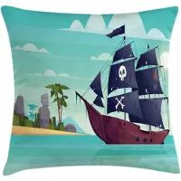 Abakuhaus 40x40 cm – Decoratieve kussenhoes piraatenschip – Tweezijdig bedrukt, multicolor turquoise
