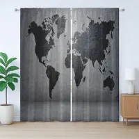 Abakuhaus Donkergrijze rustieke gordijnen, wereldkaart aan de muur, met lussen en haken voor de woonkamer, 280 x 225 cm, grijszwart