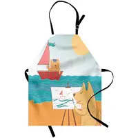 Abakuhaus Kleuter-keukenschort. Zomervakantie-karikatuur met kapitein-kat en schilderhond in grappige Hawaii-diermotieven. Veelkleurig, in hoogte verstelbaar, wasbaar, heldere digitale afdruk